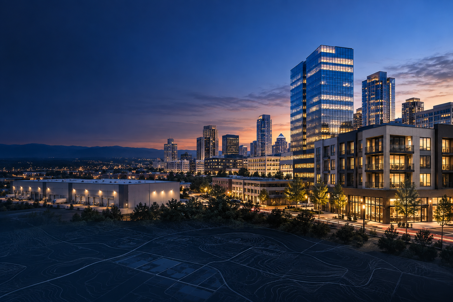 A nationwide mix of commercial and residential properties at twilight
